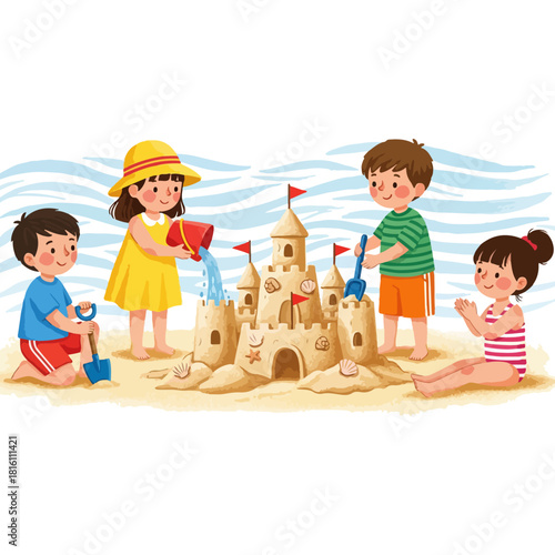 Children building a sandcastle at the beach on a sunny day.