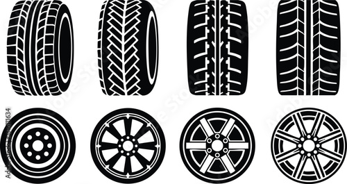 Different types of tire designs showcasing various patterns and styles for automotive use and illustration purposes 