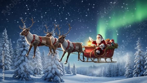 Santa Claus and His Reindeer Flying Sleigh Over Snowy Winter Landscape with Magical Aurora Borealis at Night