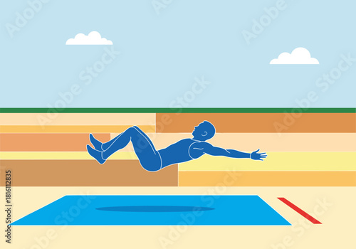 Minimalist athlete performing high jump over mat in abstract landscape