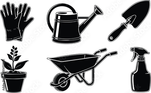 Gardening tools and accessories including gloves, watering can, plant pot, shovel, wheelbarrow, and spray bottle for garden care 