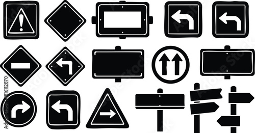 Traffic signs collection featuring various directional indicators, caution symbols, and informational panels for road safety and navigation 
