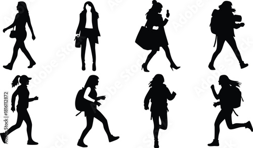Various silhouettes of women walking and exploring in different styles and activities for creative projects 
