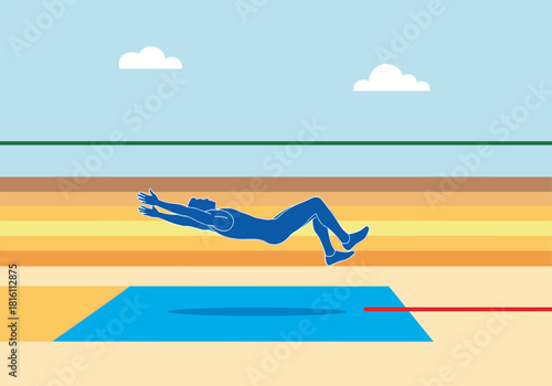 Athlete in mid-air during high jump over bar on colorful track