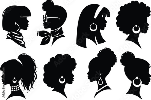 Diverse silhouettes of women showcasing various hairstyles and accessories in a striking black-and-white design for creative projects 