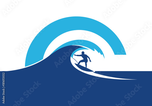 Surfer riding ocean wave under blue curved sky in bold silhouette design