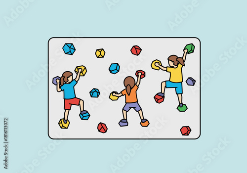 Children climbing indoor wall, engaging activity for kids in flat design