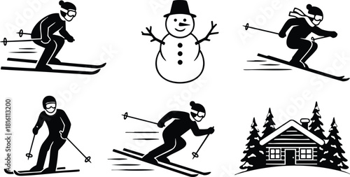 Skiing activities featuring skiers, a snowman, and a cozy winter cabin in a fun winter scene 