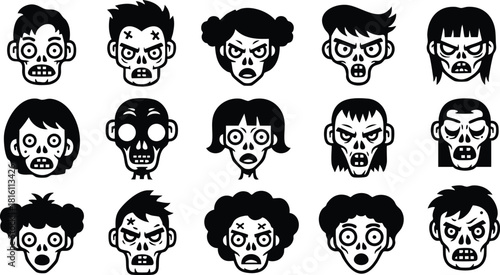 Various cartoon zombie faces in black and white style for Halloween celebrations and spooky events 