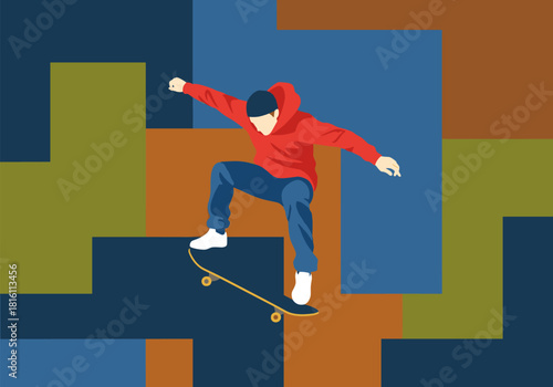 Dynamic skateboarder in mid-air against geometric background