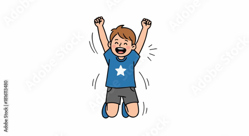 Joyful cartoon boy jumping in the air with excitement.