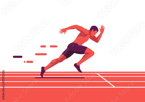 Dynamic flat style track runner sprinting on red athletic track