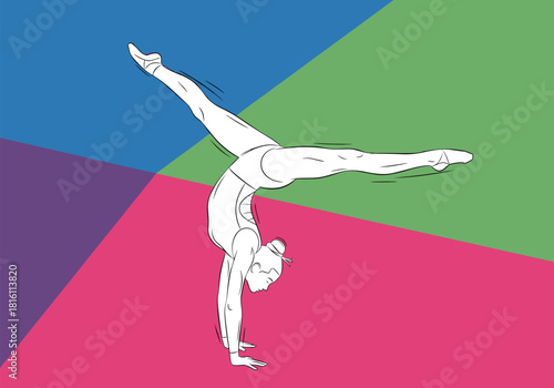 Gymnast in handstand pose on colorful geometric background