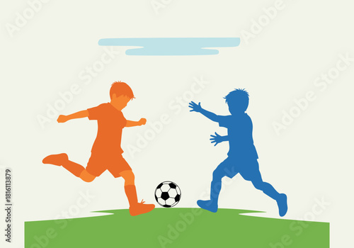 Children playing soccer silhouette on grass with a cloudy sky background