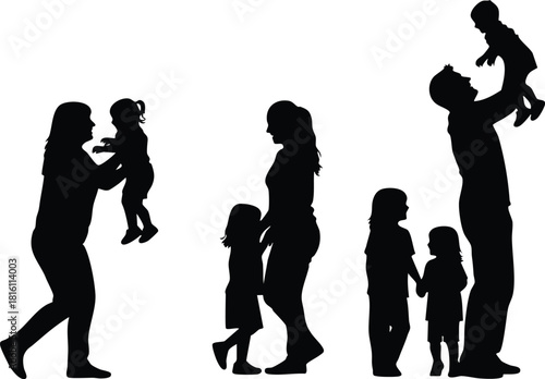 Family silhouettes capturing love and joy during special occasions like Mothers Day and birthdays in black and white 