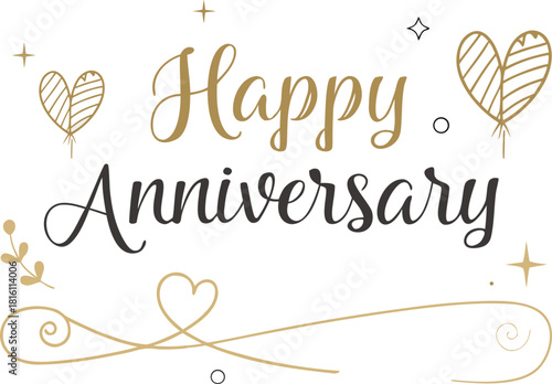 Elegant Happy Anniversary Card Design with Heart Balloons, Swirls and Festive Celebration Elements