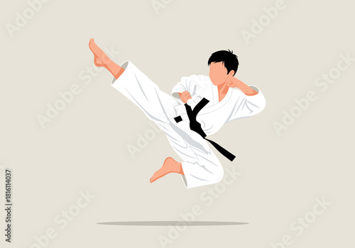 Karate athlete performing high kick in dynamic flat design