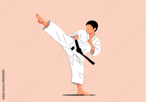 Karate practice: black belt kick in minimalist style on pastel background