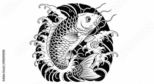 Detailed Koi Fish Illustration with Flowing Water Design.