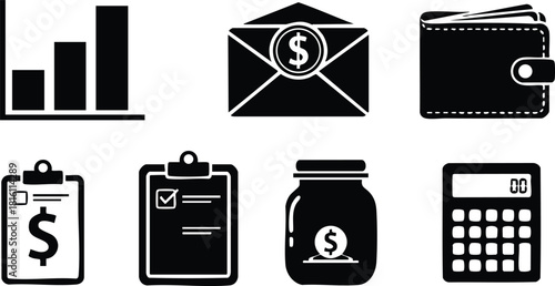 Financial management icons including graphs, wallet, calculator, and money jar for effective budgeting and accounting strategies 