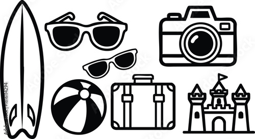 Summer vacation essentials including surfboard, sunglasses, camera, beach ball, suitcase, and castle illustration for travel planning 