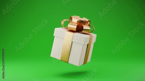 A white gift box with a golden ribbon and bow floating against a vibrant green background, ready for a celebration.