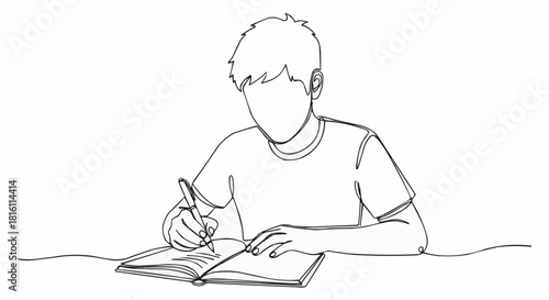 Continuous line drawing of a young man writing in a notebook.