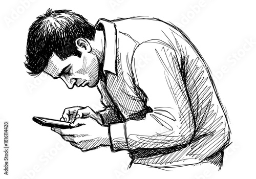 Sketch of focused man using smartphone in hunched posture