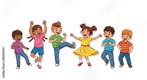 Group of diverse happy children dancing and playing together.