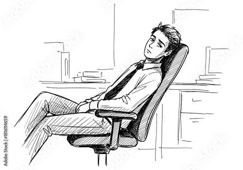 Sketch of a tired office worker sitting in a chair at a desk