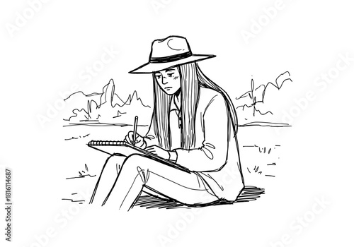 Woman sketching outdoors in nature: line art of creative inspiration
