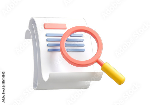 A 3d render of a document with text and a red rectangle at the top, being examined with a red magnifying glass with a yellow handle, isolated on transparent background