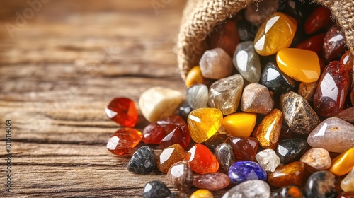 A burlap bag spilling numerous unpolished gemstones with varied colors and dull luster onto a weathered wooden table surface