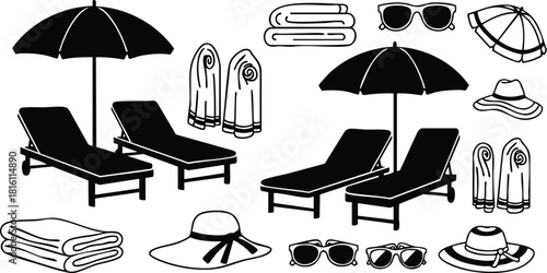 Beach accessories including loungers, umbrellas, towels, and sunglasses for summer relaxation and enjoyment 
