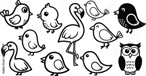 Collection of cute cartoon birds including a flamingo, owl, and various small songbirds for playful design projects 