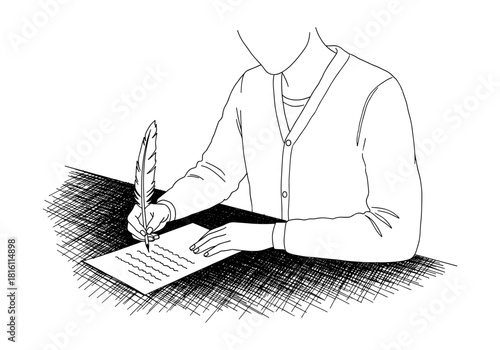 Person writing with quill pen at desk in black and white line art style