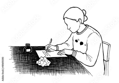 Sketch of woman writing letter at table with ink bottle and crumpled paper