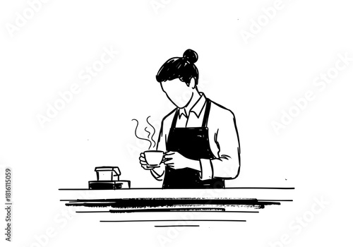 Barista holding coffee cup behind counter in monochrome sketch