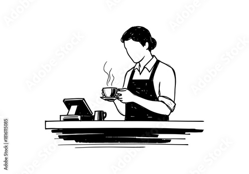 Barista holding coffee cup behind counter in minimalist line art style
