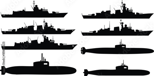 Navy vessels silhouettes showcasing various ship types including destroyers and submarines in a dynamic arrangement for naval enthusiasts 