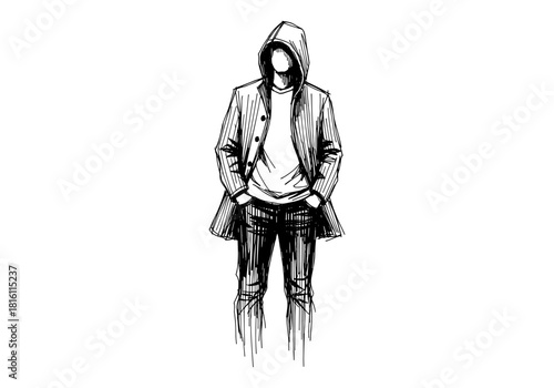 Minimalist sketch of a hooded figure in casual attire