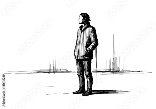 Minimalist sketched portrait of person in jacket standing alone