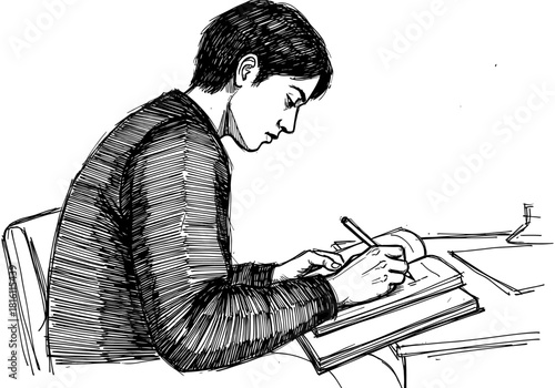 Sketch of a person writing in a notebook: hand-drawn pen art scene