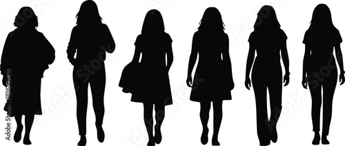 Silhouettes of women walking in various poses showcasing diverse styles and movements for creative projects 
