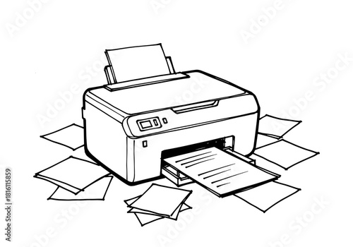 Monochrome printer with scattered pages in ink style