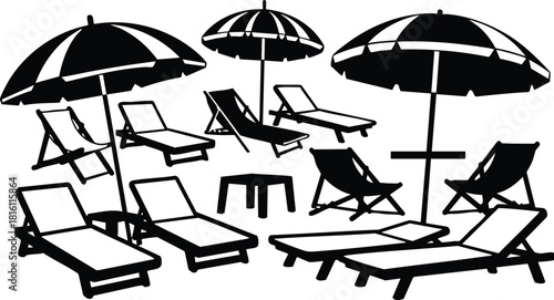 Beach umbrellas and lounge chairs vector illustration for summer relaxation and leisure activities 