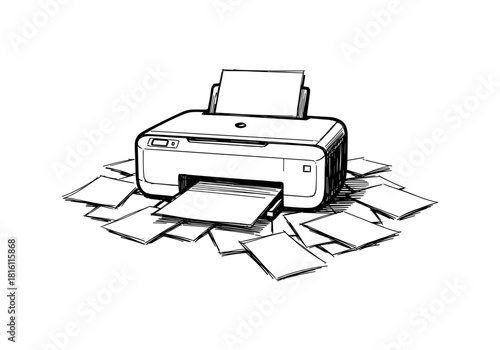 Inkjet printer sketch with scattered papers in black and white outline style