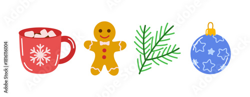 Christmas elements set. red mug, gingerbread man, fir tree branch, and blue bauble. Colorful flat style vector illustration. For festive design compilation, greeting cards, and seasonal decor graphics