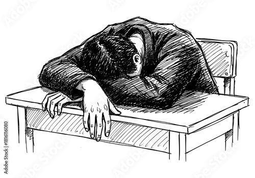 Hand drawn sketch of person sleeping at desk in classroom setting