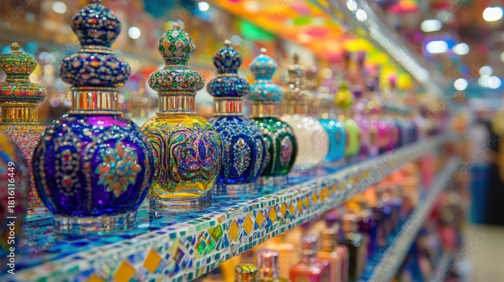 Fototapeta premium A Display of Ornate Perfume Bottles on a Decorative Shelf